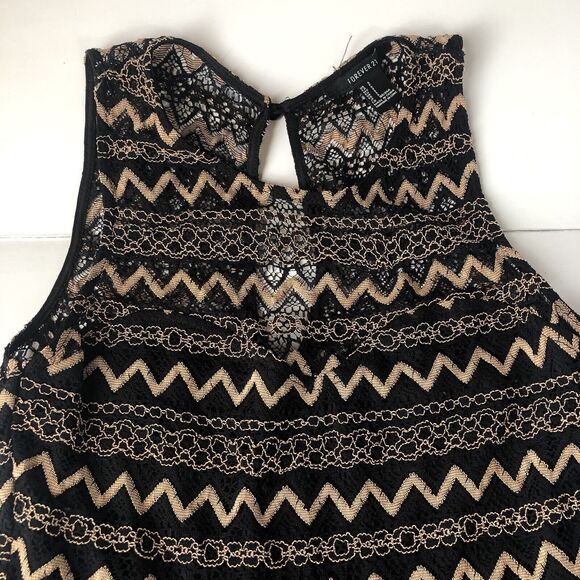 Forever 21 Juniors Sleeveless Black Gold Zig Zag Crochet/Lace Mini Dress Small - Picture 8 of 13